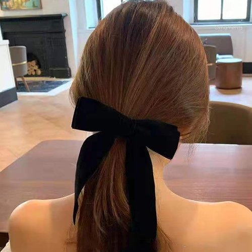 LINAYOHA 2Pcs Velvet Hair Bow Clip for Women Girls Black Hair Elastics Ties Scrunchie Bowknot Hair pin Bands Rope with Long Tail Ponytail Holder Clip Barrette Accessories for Christmas Birthday Gifts