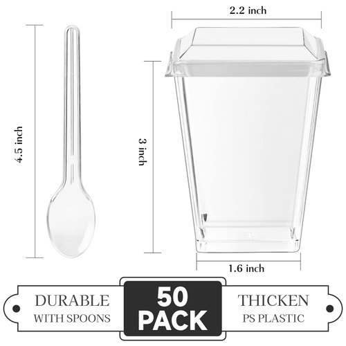 TOFLEN 50 Pack 5 oz Mini Dessert Cups with Lids and Spoons, Square Clear Plastic Dessert Shooters Party Serving Tumbler Cups for Parfait Appetizers & Dessert Shot Glasses (Flat)