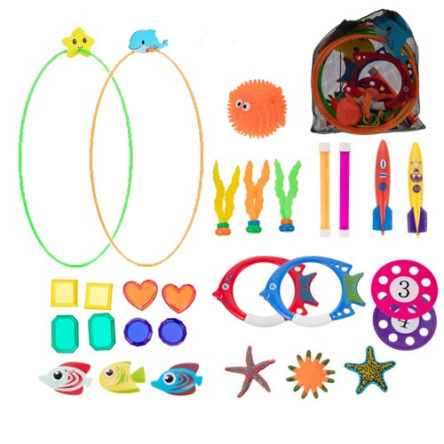 JAZGROM 29pcs Swimming Pool Diving Toy with Swim Thru Rings for Kids Ages 4-8 8-12 Including Dive Gems Diving Sticks Storage Bag Summer Water Pool Games