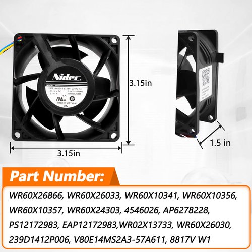 Upgraded WR60X26866 Refrigerator Evaporator Fan Motor (OEM), Compatible with ge Refrigerator, Replace V80E14MS2A3-57A611, WR60X10341, WR60X10356, WR60X10357, etc - 10 Years Warranty