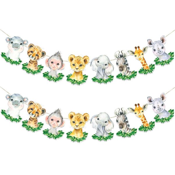 2Pcs Safari Animals Baby Shower Banner, Jungle Baby Shower Decorations, Wild One Birthday Party Decorations for Boys Kids, Double Sided Safari Jungle Themed Birthday Party Supplies