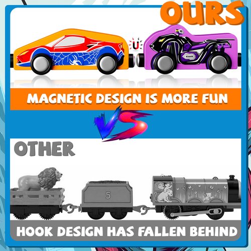 Toys for Boys 3-5, 11 Magnetic Train&Car Set Wooden Toys for Toddlers Montessori Toys for 3+ Year Old Superhero Toys Toddler Cars Christmas&Birthday Gifts for 3+ Year Old Boys Cars Toys for Kids 3-5
