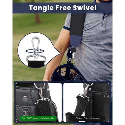 BIG TEETH Golf Bag Strap Single Padded Shoulder Strap Adjustable Thick Pad Straps Universal Replacement Quick Release (Black and blue with 2 clips)