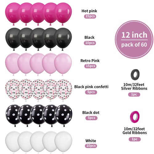 Pink Black Balloons Set, 60PCS Rose Red Black Birthday Balloons, 12 Inch Hot Pink White Latex Balloons Black Dots Pink Confetti Helium Balloons for Girls Mouse Theme Birthday Bridal Party Supplies
