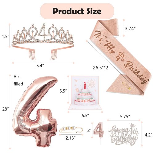 4th Birthday Decorations Girl, Including 4 year old Birthday Cake Topper, Birthday Queen Sash with Pearl Pin, Sweet Rhinestone Tiara Crown, Number Candles and Balloons Set, Rose Gold