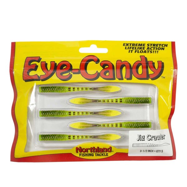 Northland Tackle Eye Candy Jig Crawler Floating 3.5" Soft Plastic Fishing Lure for Walleye Fishing, 5 Baits Per Pack, Purple Chartreuse