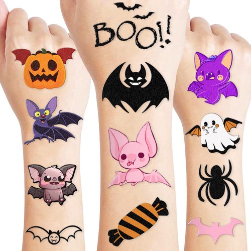 Bat Temporary Tattoos - 88 PCS Cute Pink Halloween Happy Boo Day Ghost Black Themed Stickers for Kids Birthday Party Supplies, Decorations, Favors, and Prizes - Cute Gifts for Boys and Girls