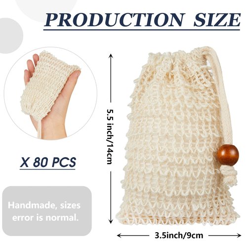Cunhill Soap Saver Bag Sisal Soap Bag Exfoliating Soap Pouch with Drawstring Bar Soap Bag with Wooden Bead Foaming and Drying Soap Exfoliating Net Soap Saver for Bath and Shower(80 Pack)