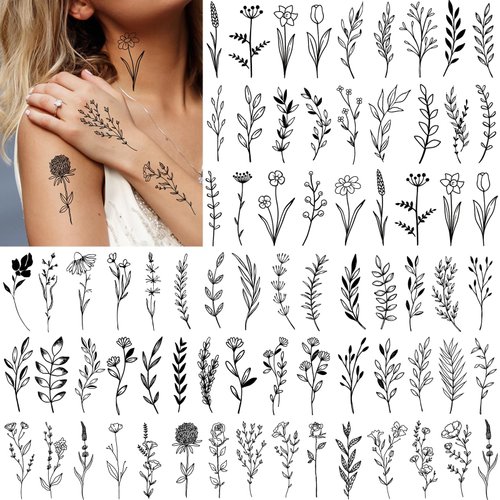 EMOME 120 Styles Black Tiny Branch Flower Temporary Tattoos for Women Girls, Small Floral Fake Tattoos Temporary Realistic, Long Lasting Temporary Tattoos Adult on Body Hands Arms Legs (30 Sheets)
