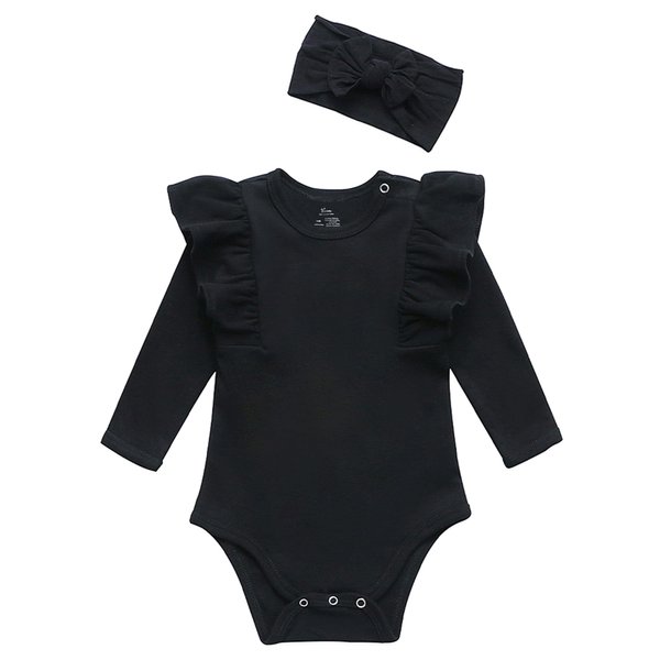 O2 BABY Organic Cotton Baby Girl Ruffle Romper Long Sleeve Bodysuit Jumpsuit with Headband Outfit Set(3-6Months,Black)