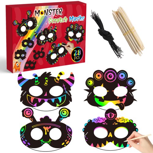 WATINC 28pcs Monster Scratch Mask Gift Set for Kids, Halloween Party DIY Magic Scratch Paper Monster Masks, Monster Xmas Party Favors Craft Kit for School Classroom Activity Art Project