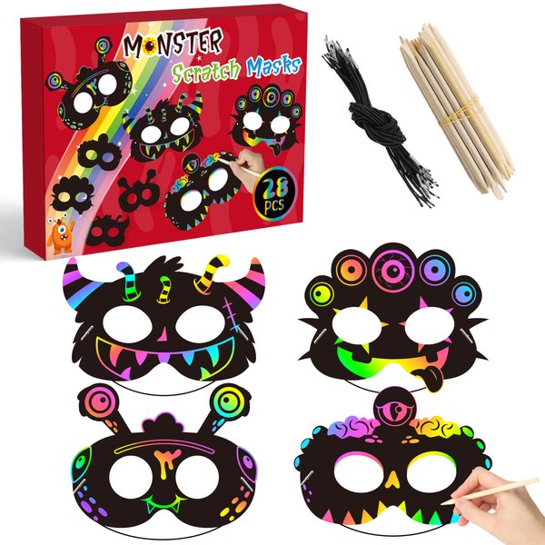 WATINC 28pcs Monster Scratch Mask Gift Set for Kids, Halloween Party DIY Magic Scratch Paper Monster Masks, Monster Xmas Party Favors Craft Kit for School Classroom Activity Art Project