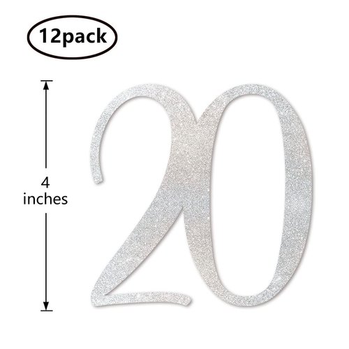 Silver Glitter 20th Birthday Centerpiece Sticks, 12-Pack Number 20 Table Topper Anniversary Party Decorations
