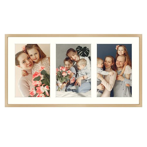 Golden State Art, 8.5x16.3 Gold Frame - Ivory Mat for Three 5x7 Pictures - Aluminum Metal - Sawtooth Hangers- Swivel Tabs - Wall Mounting - Landscape/Portrait - Real Glass - Collage Frame