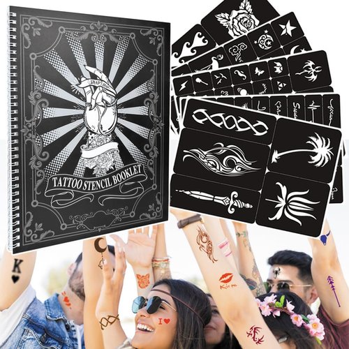 Tiebeauty 20 Sheets Glitter Tattoo Kit, 467 Pcs Henna Tattoo Stencils Airbrush Temporary Tattoos Templates for Girls and Boys Body Art, Suitable as Gift for Family/Friends (Black)