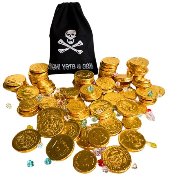 Chocolate Coins Pirate Coin Party Decorations Fake Jewels and Gold Chocolate Coins Playset with Black Drawstring Bag for Halloween Dress Up Adventure Themed Party