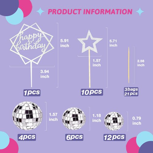 33Pcs Disco Ball Cake Toppers Silver Disco Balls Cake Decorations with Mirror Balls Happy Birthday Cake Topper and Star Cake Toppers for 70s 80s Disco Music Dance Themed Party Decorations Supplies