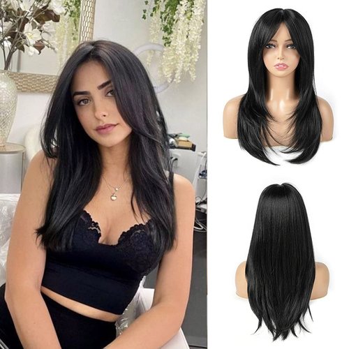 TuTive Black Wigs for Women 22 Inch Layered Wig With Bangs Natural Looking Shoulder Length Wig Heat Resistant Synthetic Fibre Wigs for Daily Party Use(Black)