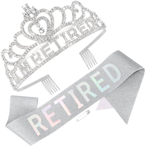 Aprince Retirement Party Decorations Retirement Gifts for Woman Silver Retirement Sash & Crown Tiara Set Retired Party Supplies Hair Accessories for Women