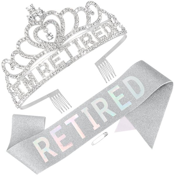 Aprince Retirement Party Decorations Retirement Gifts for Woman Silver Retirement Sash & Crown Tiara Set Retired Party Supplies Hair Accessories for Women