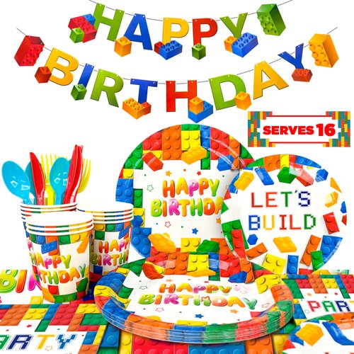 Building Blocks Birthday Party Supplies 133pcs Building Blocks Party Tableware Set Building Block Party Plates Napkins Tablecloth Banner etc Colorful Building Block Party Supplies for Kids Boys Girls