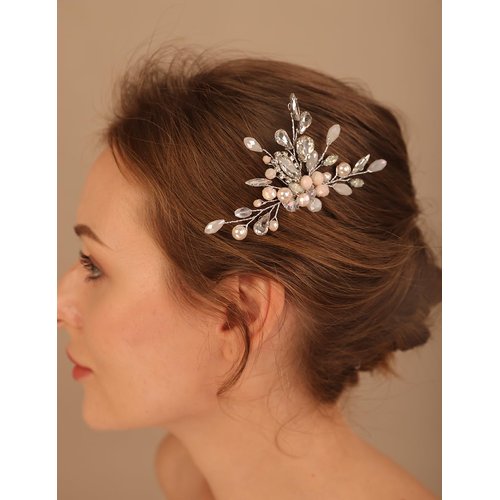 Teyglen Boho Flower Rhinestone Wedding Hair Comb Teardrop Crystal Hair Comb Hair Accessories for Bride Chamapagne Pearl Beads Hair Piece Bridal Side Comb for Women
