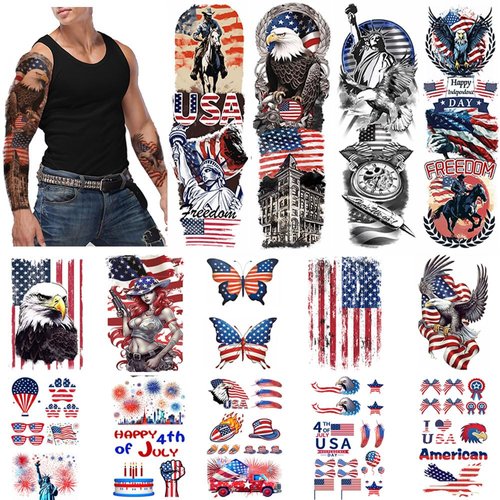 Jctato 4th of July Tattoos Full Arm Independence Day Fake Tattoo Face Tattoos American Flag Temporary Tattoos for Men Women Kids Party Favor,Full Arm Tattoo