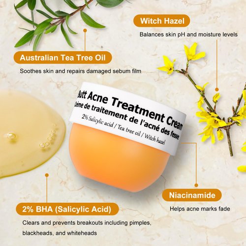 Butt Acne Clearing Treatment, Moisturizer Cream with 2% Salicylic Acid, Tea Tree Oil & Witch Hazel, Body Back Acne Treatment, Cystic Acne Treatment for Skin Delicate and Smooth 2.4oz