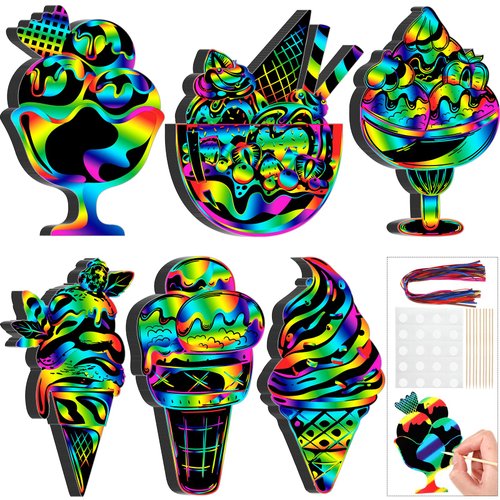 RoundFunny 60 Pieces Lovely Ice Cream Scratch Cards for Kids Rainbow Summer DIY Scratch Card Art Ice Cream Ornament Scratch Crafts Card for Kids Birthday Party Classroom DIY Activities