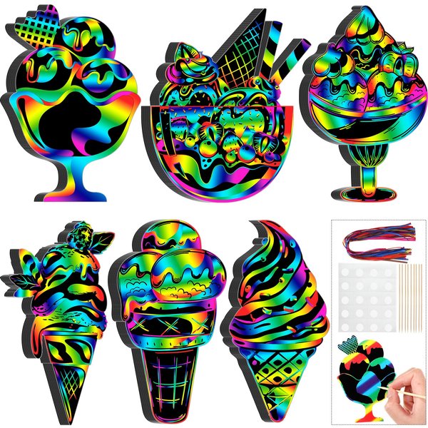 RoundFunny 60 Pieces Lovely Ice Cream Scratch Cards for Kids Rainbow Summer DIY Scratch Card Art Ice Cream Ornament Scratch Crafts Card for Kids Birthday Party Classroom DIY Activities