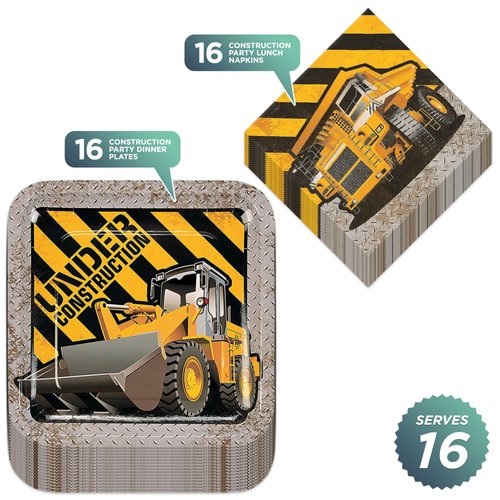 Construction Zone Party Metallic Paper Dinner Plates and Luncheon Napkin (Serves 16)