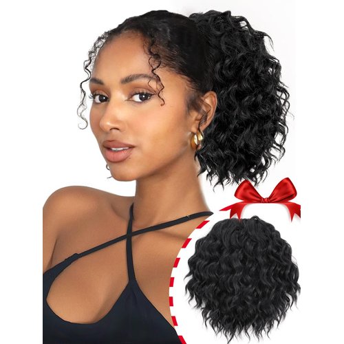 Isaic Ponytail Extension 8 Inch Short Wavy Curly Ponytails Drawstring Ponytail for Black Women Jet Black Pony Tails Hair Extensions Synthetic Hairpiece for Daily Use