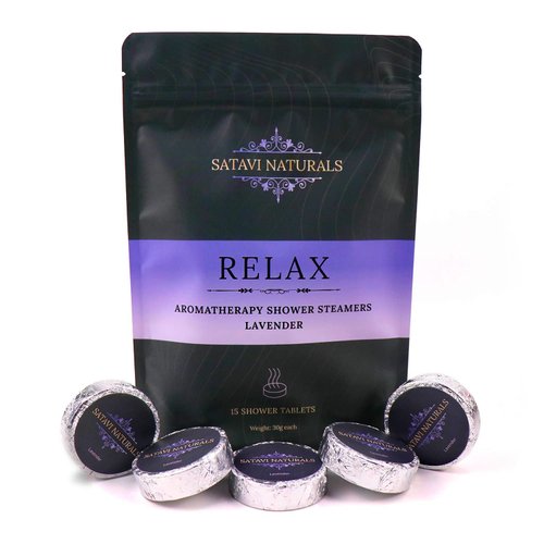 Satavi Naturals Relax (30g Tablets - 15 Pack) Lavender Aromatherapy Shower Steamers for Women & Men, Natural Essential Oils, Shower Bath Bombs, Vapor Tabs for Aromatic Self-Care