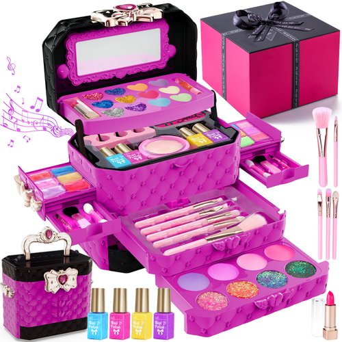 All-in-One Girls Makeup Toy with Music Box - Child-Friendly Cosmetic Set with Nail Polish, Glitter, Brushes in Musical Carrying Case (Purple)