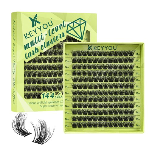 Lash Clusters 3D Effect Eyelash Clusters KEYYOU 144pcs D Curl 16mm Wispy Lashes Fluffy Cluster Lashes Natural Soft DIY Lash Extension(Radiance-D-16)