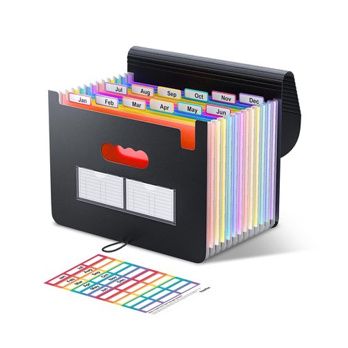 ThinkTex Expanding File Folder 12 Pockets Accordian File Organizer/Portable Expandable Plastic Filing Box, Accordion Bill/Paper/Document/Receipt Organizer Folders with Colored Tabs(A4/Letter Size)