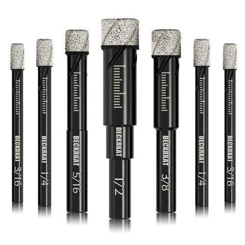 7 Piece Diamond Drill Bits Set, Core Drill Bits for Hard Materials - Tiles Ceramics Glass Stones – Built in Coolant, Fast Dry Drilling - Sizes 3/16" 1/4" 5/16" 3/8" 1/2" - Round Shank, Storage Case