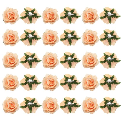 MECCANIXITY 30 Pcs Rose Flower Hair Clips 4 Inch Flower Hair Pins Flower Brooch for Women Hair Accessories Champagne