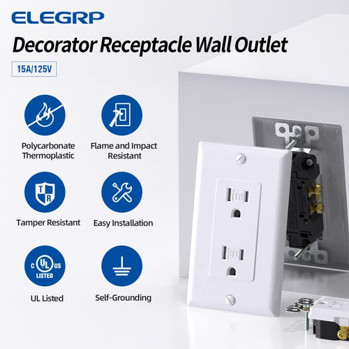 ELEGRP Decorator Wall Receptacle Outlet, Tamper Resistant 15 Amp Standard Electrical Wall Outlet, Residential Grade, Self-grounding, 125V, Wall Plate Included, UL Listed, Glossy White, 10 Pack