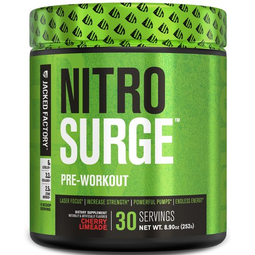 Jacked Factory NITROSURGE Pre Workout Supplement - Endless Energy, Instant Strength Gains, Clear Focus, Intense Pumps - NO Booster & Preworkout Powder with Beta Alanine - 30 Servings, Cherry Limeade