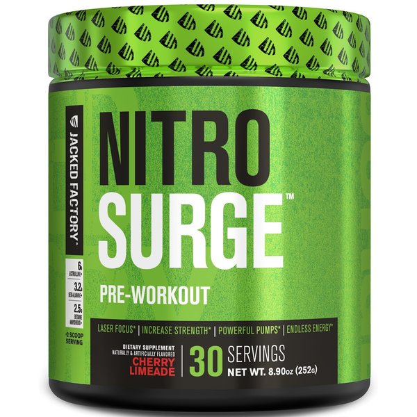 Jacked Factory NITROSURGE Pre Workout Supplement - Endless Energy, Instant Strength Gains, Clear Focus, Intense Pumps - NO Booster & Preworkout Powder with Beta Alanine - 30 Servings, Cherry Limeade