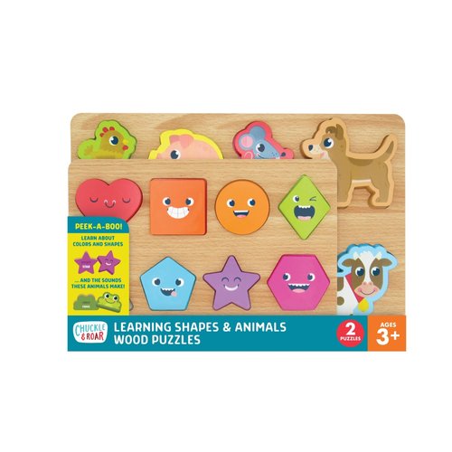 Chuckle & Roar - 2 Pack Shapes and Animals Wooden Puzzles - Fun and Educational Wooden Puzzle for Kids - Develops Fine Motor Skills - 18 Total Wooden Pieces