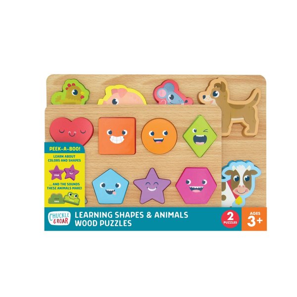 Chuckle & Roar - 2 Pack Shapes and Animals Wooden Puzzles - Fun and Educational Wooden Puzzle for Kids - Develops Fine Motor Skills - 18 Total Wooden Pieces
