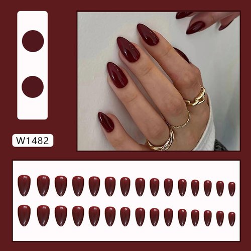 24Pcs Wine Red Press On Nails Short Oval,CEWEWP Thick Acrylic Nails Press Ons,Short Almond Nails Glue on,Natural Round Fake Nails,One Color Gel Stick On Nails Set For Tiny Average Wide Nail Beds
