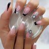 ANDGING French Tip Press on Nails Coffin Short Medium Black White Fake Nails with Glitter Silver Flower Design Square Glue on Nails for Women Acrylic False Nails with Glue Stick on Nails for Wedding