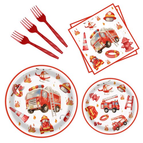 BQC 96 Pcs Firetruck Party Plates and Napkins Fire Truck Birthday Decorations Firefighter Party Favors Firetruck Party Supplies