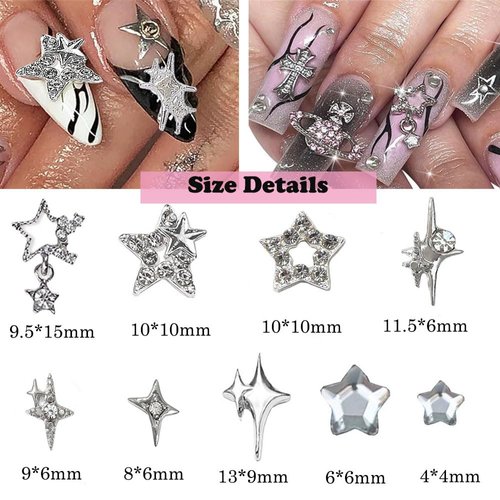 KACHIMOO 55pcs Silver Star Nail Charms Star Charms for Acrylic Nails 3D Stars Nail Gems 3D Alloy Nail Art Charms Y2K Nail Rhinestones Nail Supplies for Women and Girls Nail Design(9 Styles)