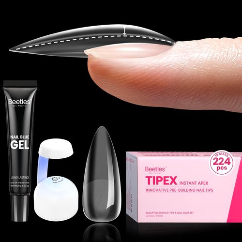 Beetles Tipex Instant Apex Nail Tips, 224Pcs 16 Sizes Pre-Building & Pre-Etched Gel Nail Tips Medium Stiletto Thicker Acrylic Nails False Nail Extension with Uv Nail Glue Nail Lamp for Flat Nails