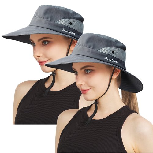 NPJY 2 Packs Ponytail Sun Hat for Women 3” Wide Brim UPF 50+ Fishing & Bucket & Beach Hats Grey+Grey (Ponytail Hole)