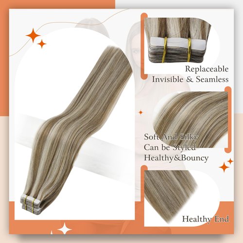 Full Shine Blonde Tape in Hair Extensions Human Hair Highlight Glue in Hair Extensions Color 8 Ash Brown Highlighted 60 Platinum Blonde Straight Hair 14 Inch Skin Weft Tape in Extensions 20 Pcs 50 Gram